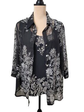 Emma James Size 16W Black with White Floral Pattern Layered Top